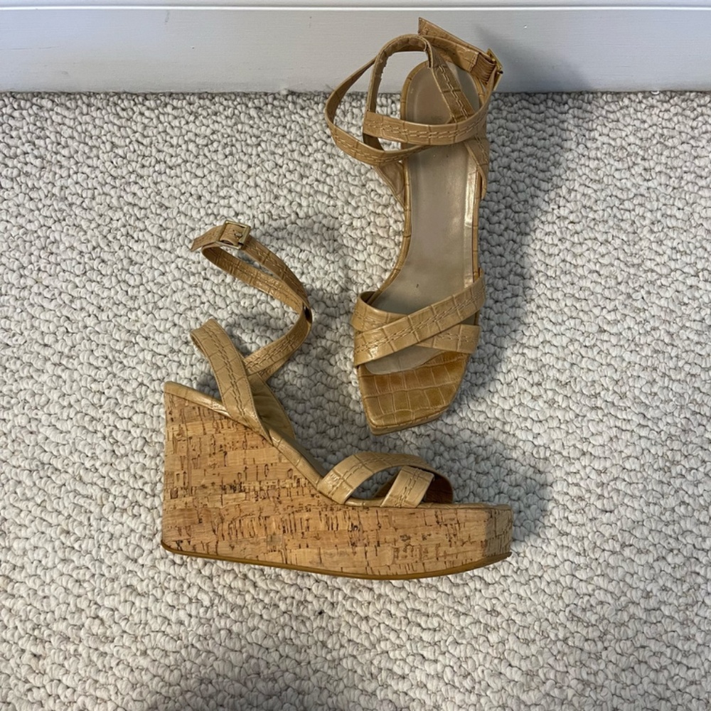 Stuart Weitzman Tan Cork and Stitched Leather Wedge Sandal - Size 9